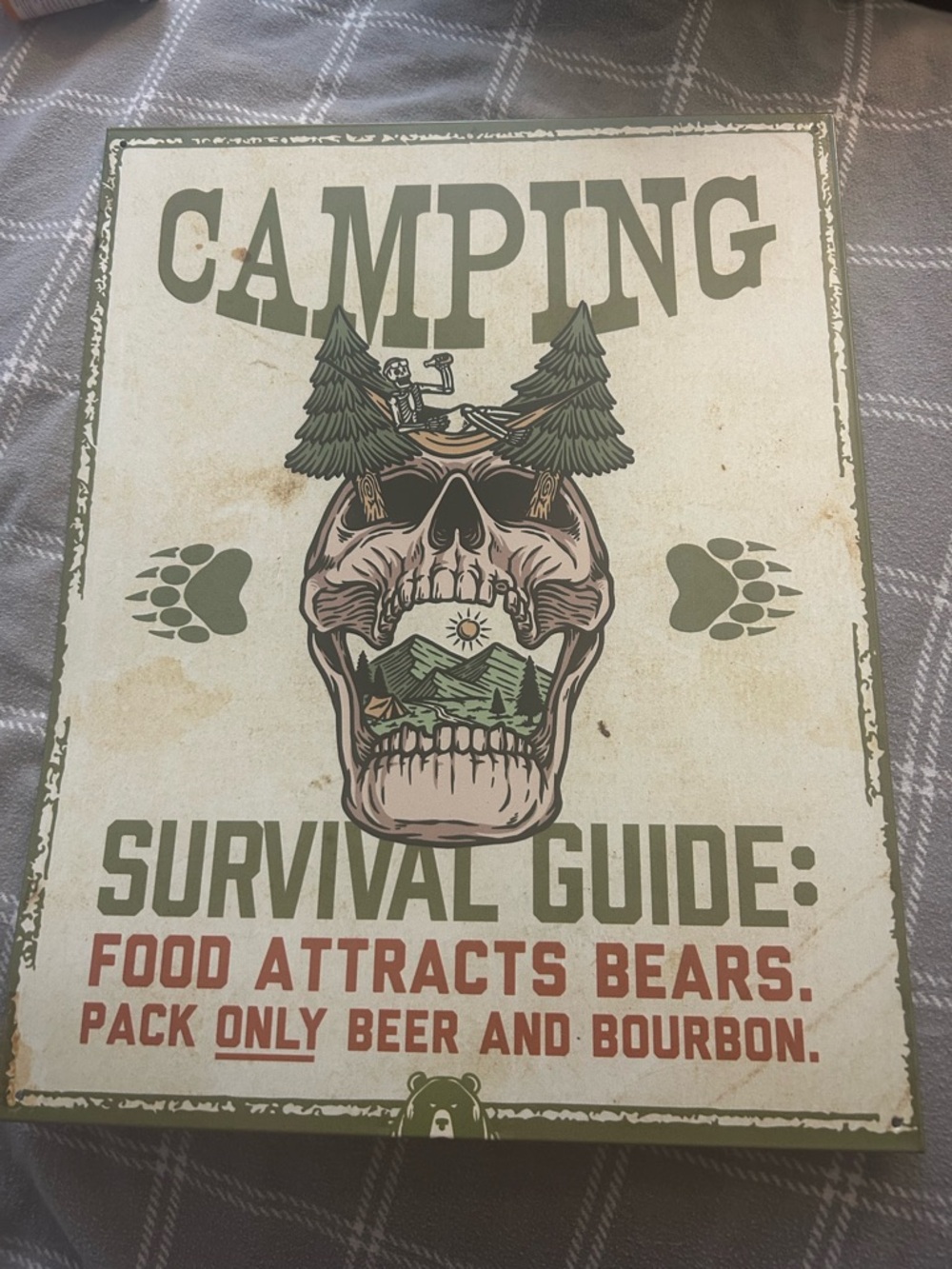 Camping Survival Guide Wall Metal Sign - Olive Green & Rust Print